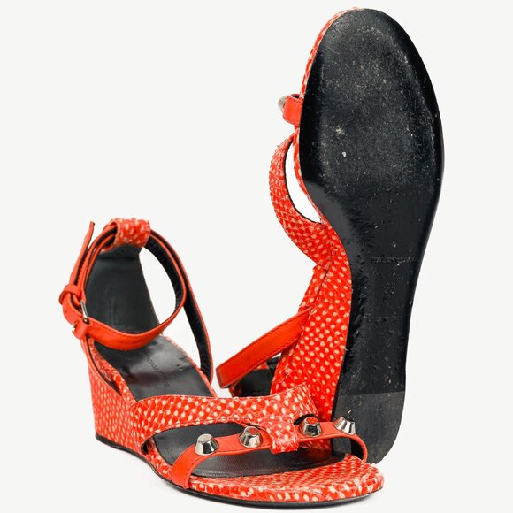 Balenciaga Orange Snakeskin-Embossed Studded Wedge Sandals - Picture 4 of 11